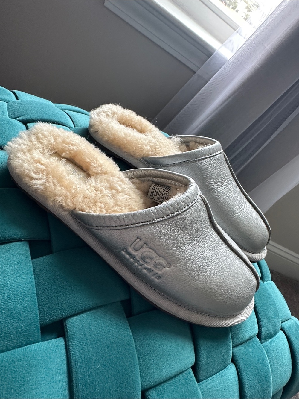 UGG Scuff (or Scuffette II) in metallic/silver leather with sheepskin lining.